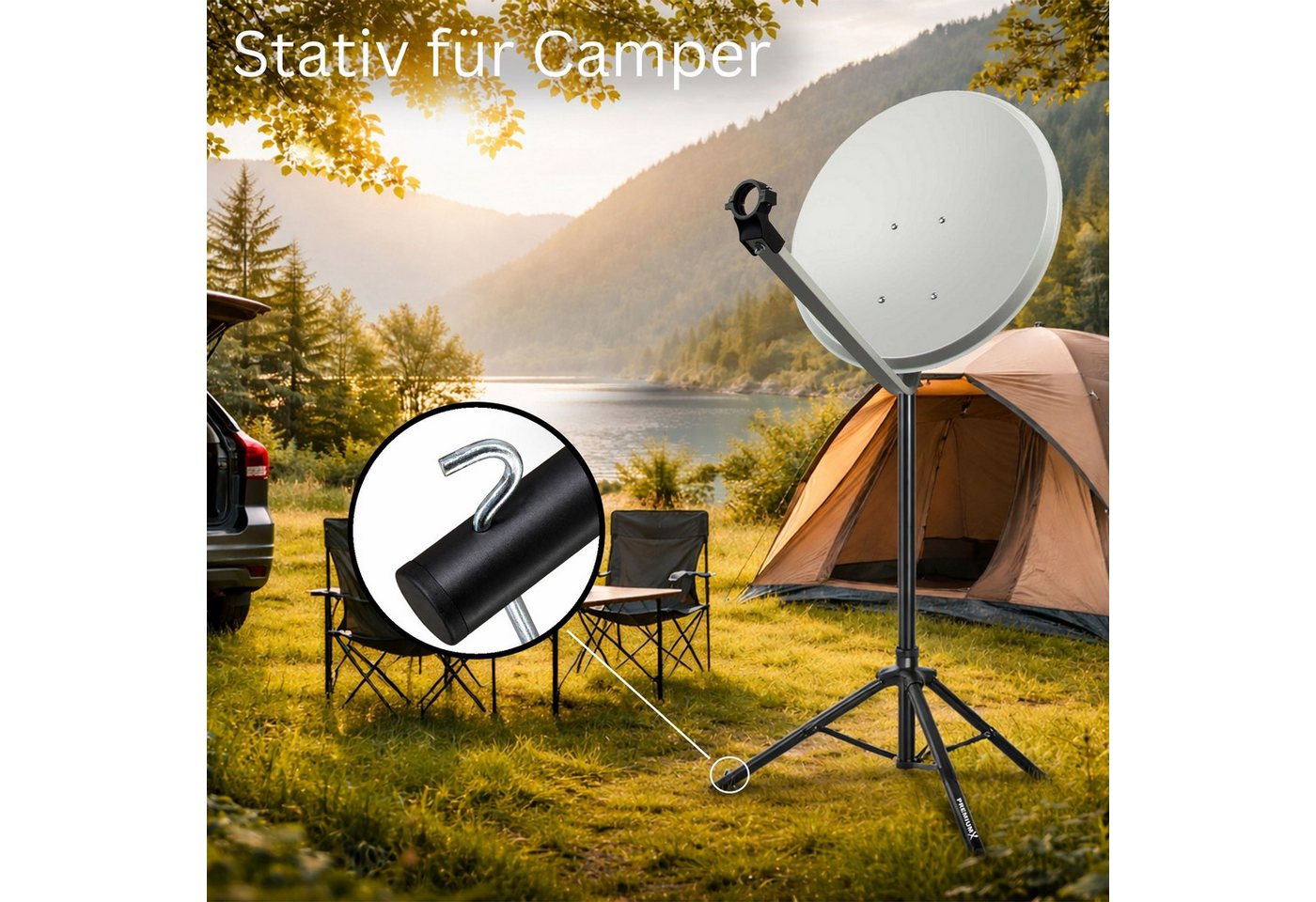 PremiumX SAT-Halterung Dreibein Stativ BASIC Stahl 120cm 35mm Tripod schwarz 3x Heringe – Bild 2 von 5