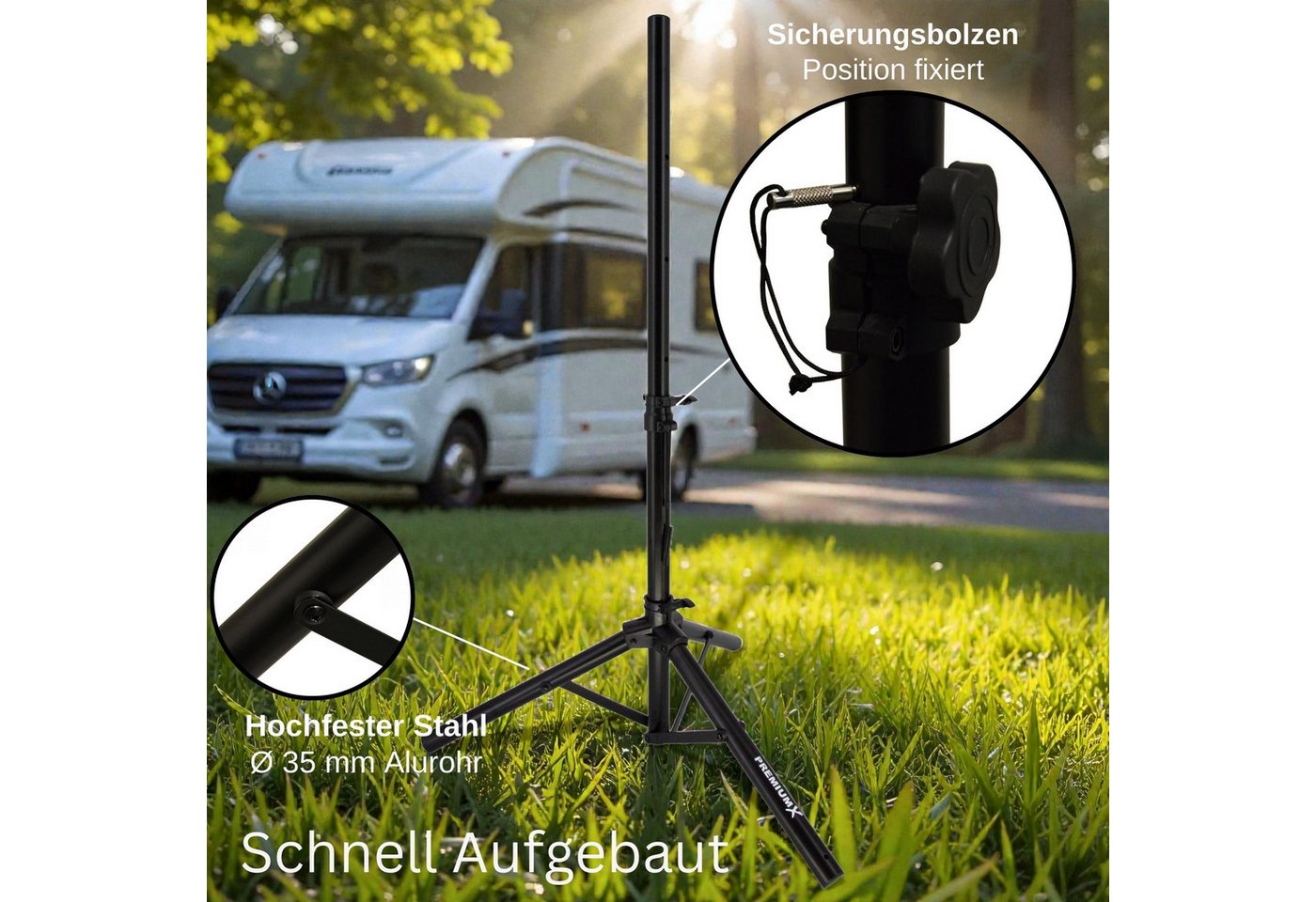 PremiumX SAT-Halterung Dreibein Stativ BASIC Stahl 120cm 35mm Tripod schwarz 3x Heringe – Bild 3 von 5