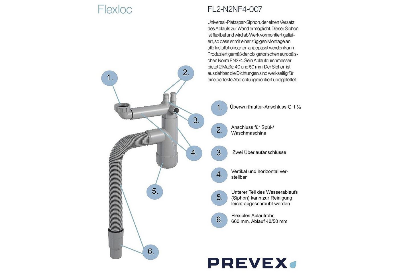 Prevex Siphon FL1-N2NF4-007, (1-tlg), PREVEX Flexloc Universal-Platzspar-Siphon für Küchenspüle – Bild 3 von 5