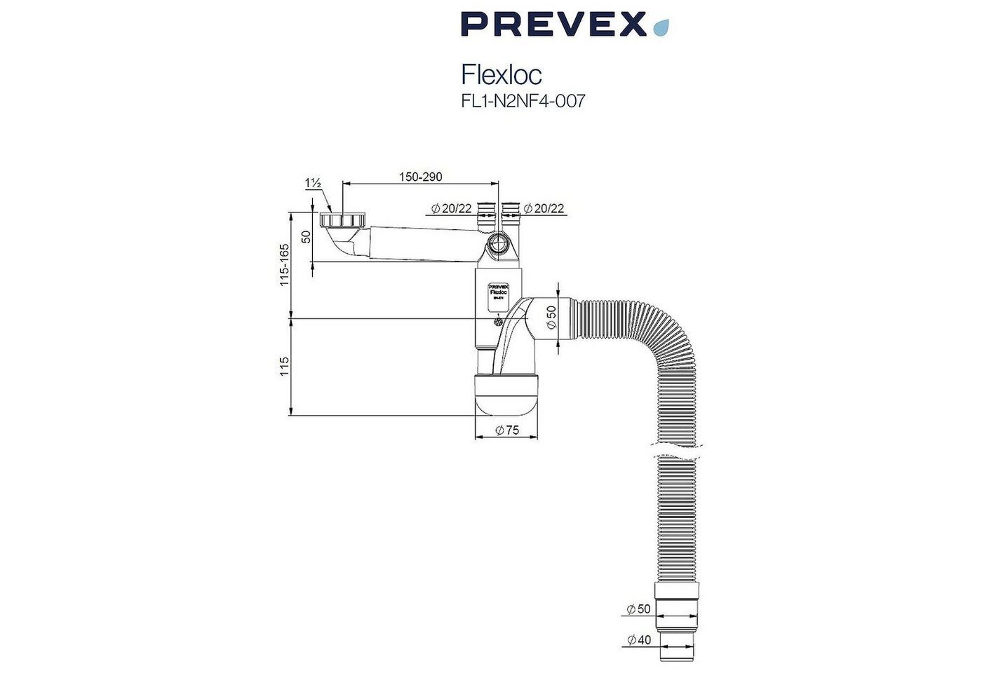 Prevex Siphon FL1-N2NF4-007, (1-tlg), PREVEX Flexloc Universal-Platzspar-Siphon für Küchenspüle – Bild 4 von 5