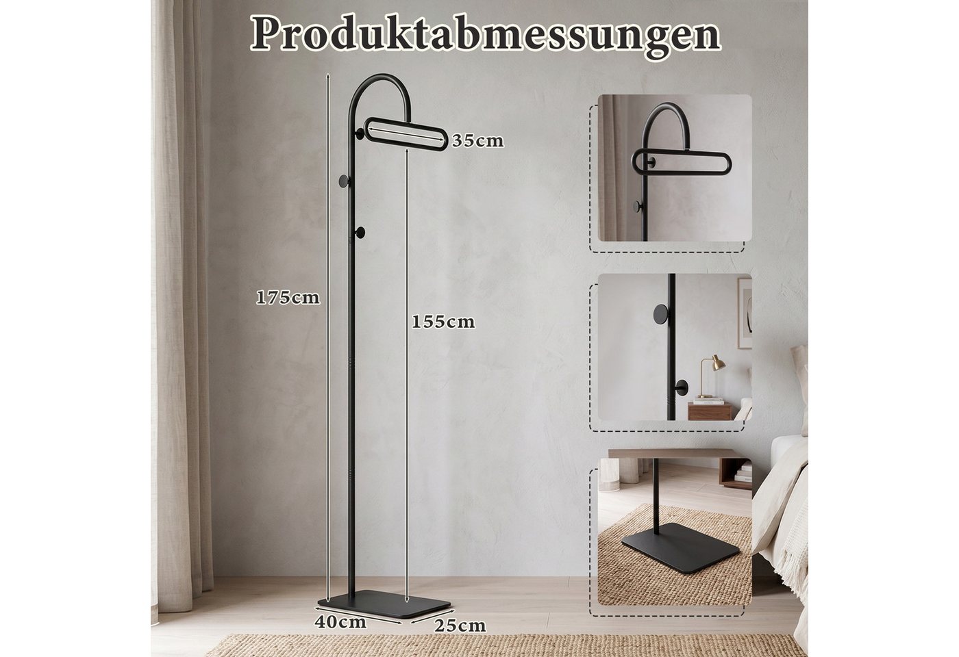 PRIISF Garderobenständer Kleiderständer 175cm Garderobenständer Standgarderobe Garderobe Metall, (freistehend Flurgarderobe Jackenständer mit Sinterstein Ablage – Bild 2 von 5