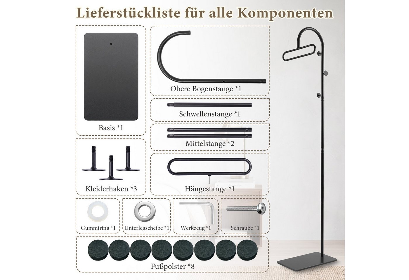 PRIISF Garderobenständer Kleiderständer 175cm Garderobenständer Standgarderobe Garderobe Metall, (freistehend Flurgarderobe Jackenständer mit Sinterstein Ablage – Bild 4 von 5