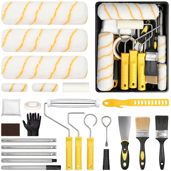 PRIISF Malerset Farbroller Set Farbwanne Pinsel Teleskopstange Steckbügel Streichset, (25tlg Renovierungs Set Lackierset Teleskopstande Malerrolle Wandmalset, 2
