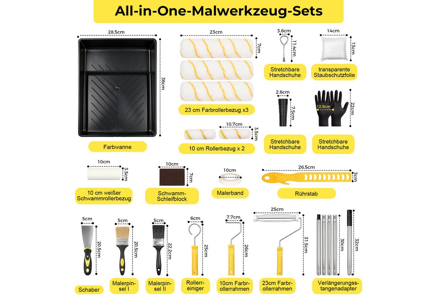PRIISF Malerset Farbroller Set Farbwanne Pinsel Teleskopstange Steckbügel Streichset, (25tlg Renovierungs Set Lackierset Teleskopstande Malerrolle Wandmalset, 2 – Bild 2 von 5