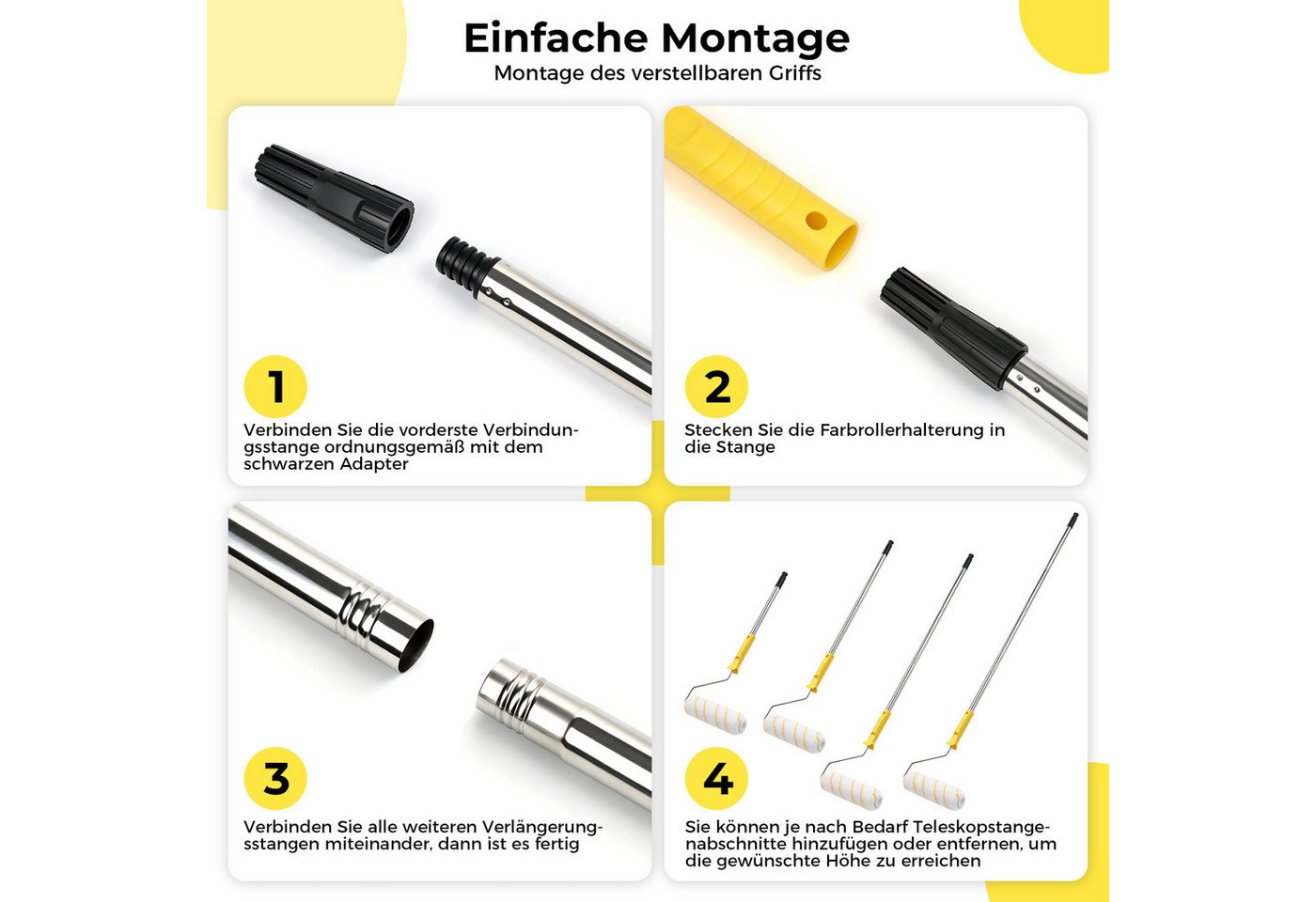 PRIISF Malerset Farbroller Set Farbwanne Pinsel Teleskopstange Steckbügel Streichset, (25tlg Renovierungs Set Lackierset Teleskopstande Malerrolle Wandmalset, 2 – Bild 3 von 5