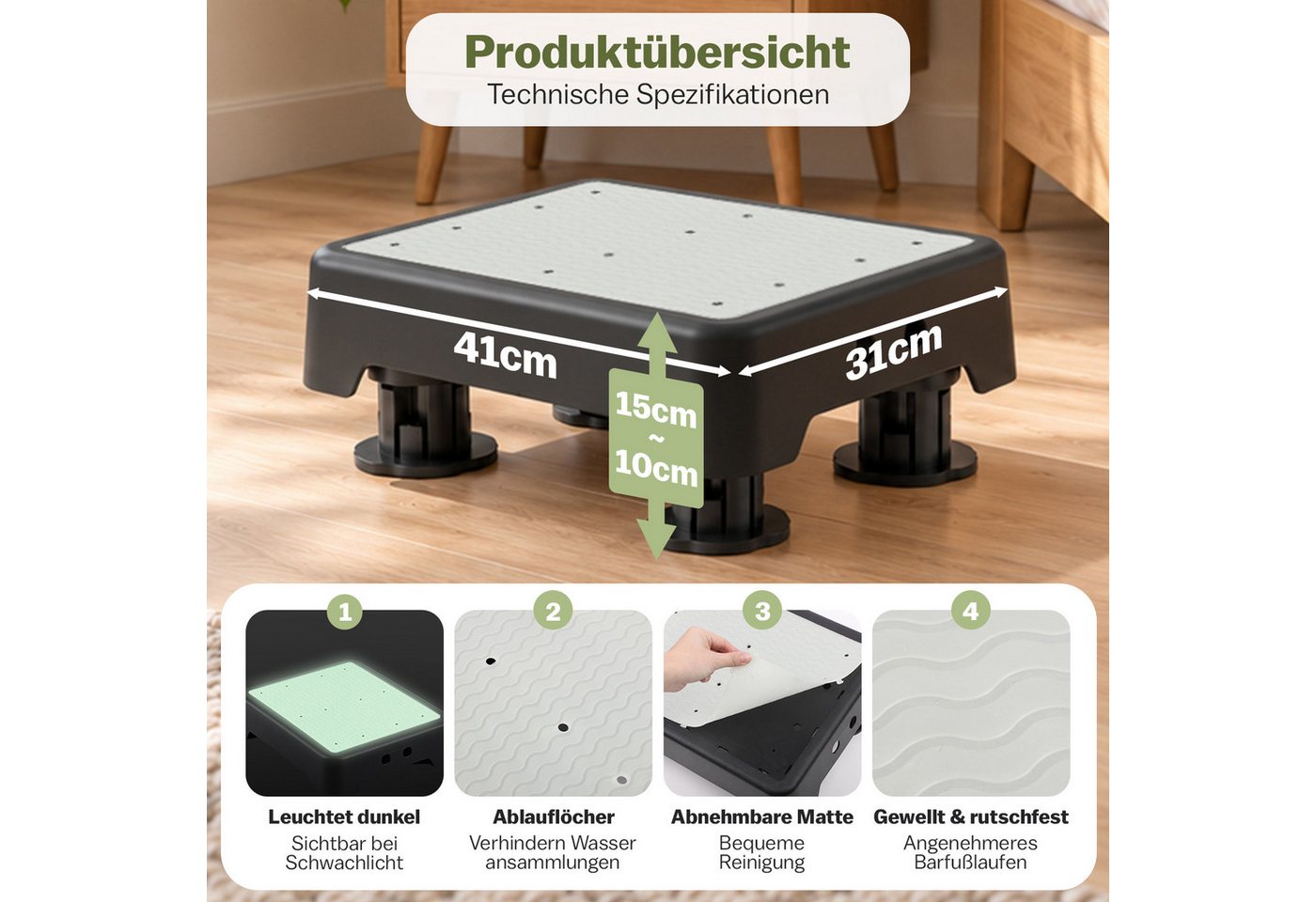 PRIISF Tritthocker Trittleiter Nachleuchtend Trittstufe Badhocker Rutschfest Füßen 250kg (41x31x10cm Höhenverstellbar Fußhocker für Bad Bett Kinder, Erwachsene) – Bild 2 von 5