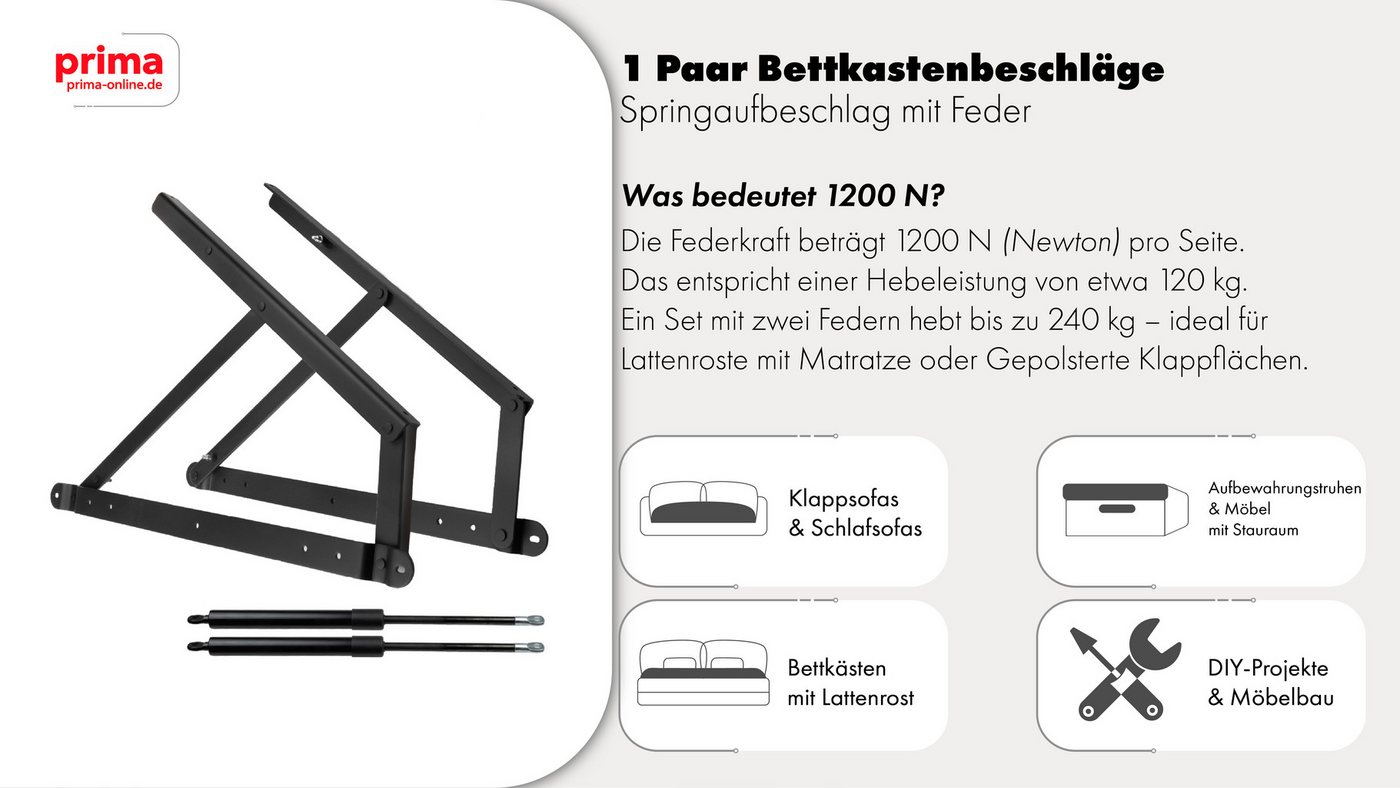 Prima-Online Möbelbeschlag Bett Hebebeschlag Klappmechanismus für Bettkasten–1200N Gasdruckfeder – Bild 5 von 5