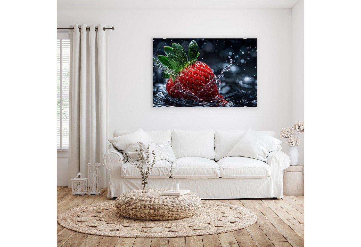 Primedeco Glasbild Wandbild Erdbeere im Wasser mit Aufhängung, Gewürze & Früchte (21 verschiedene Größen, 1 St), Elegante Aufhängung – Bild 2 von 5