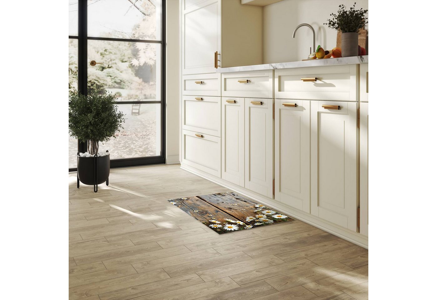 Primedeco Küchenläufer Küchenteppich Gänseblümchen auf Holz, Rechteckig, Höhe: 3 mm, rutschfest, waschbar & pflegeleicht – Bild 3 von 5