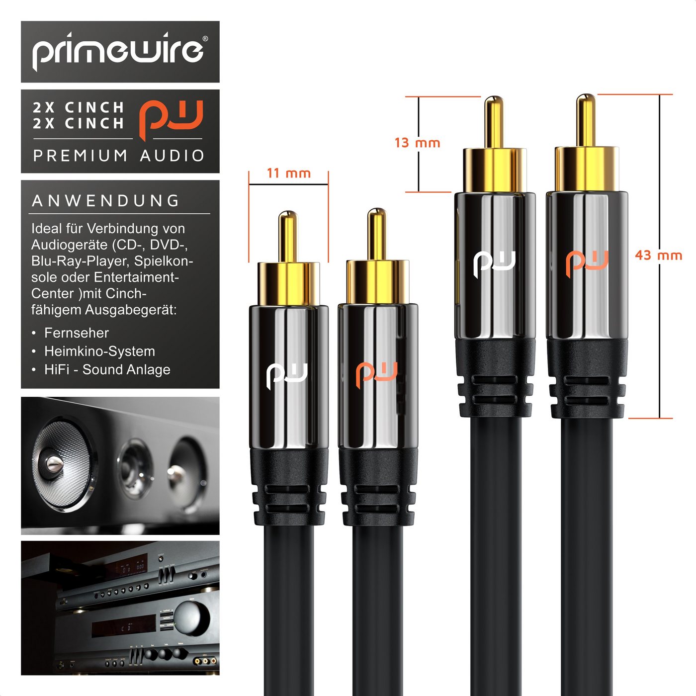 Primewire 2 x Cinch zu 2 x Cinch, AUX Eingänge, Metall Stecker vergoldet Audio-Kabel, Cinch, RCA (500 cm), Stereo-Cinch HiFi Audiokabel mehrfach geschirmt - 5m – Bild 2 von 5