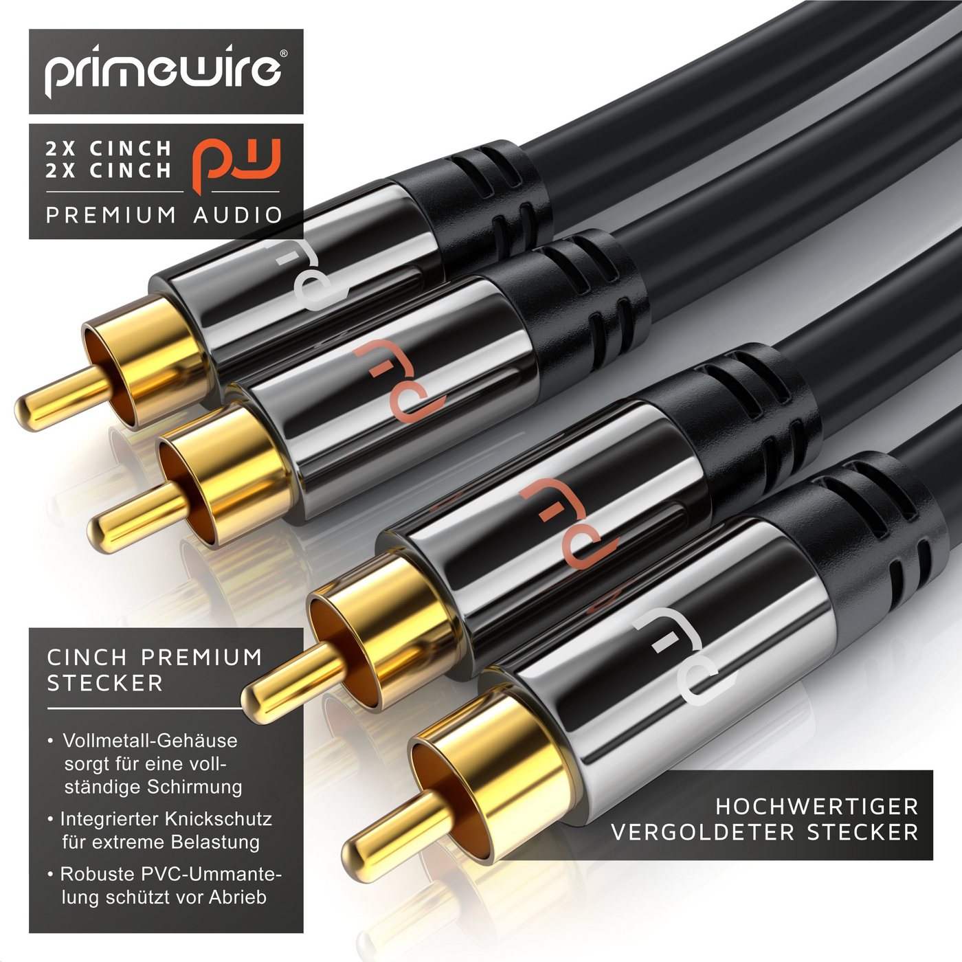 Primewire 2 x Cinch zu 2 x Cinch, AUX Eingänge, Metall Stecker vergoldet Audio-Kabel, Cinch, RCA (500 cm), Stereo-Cinch HiFi Audiokabel mehrfach geschirmt - 5m – Bild 4 von 5