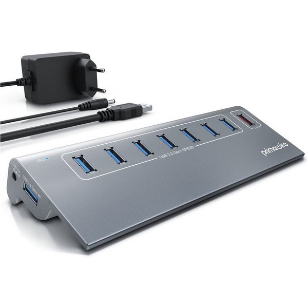 Primewire 8 Port USB Port Hub, 5 Gbit/s Aktiv Verteiler mit Netzteil, Alugehäuse USB-Adapter 1× USB Typ A Stecker zu 8 x USB 3.2 Gen1 Buchse - davon 1x USB Lade