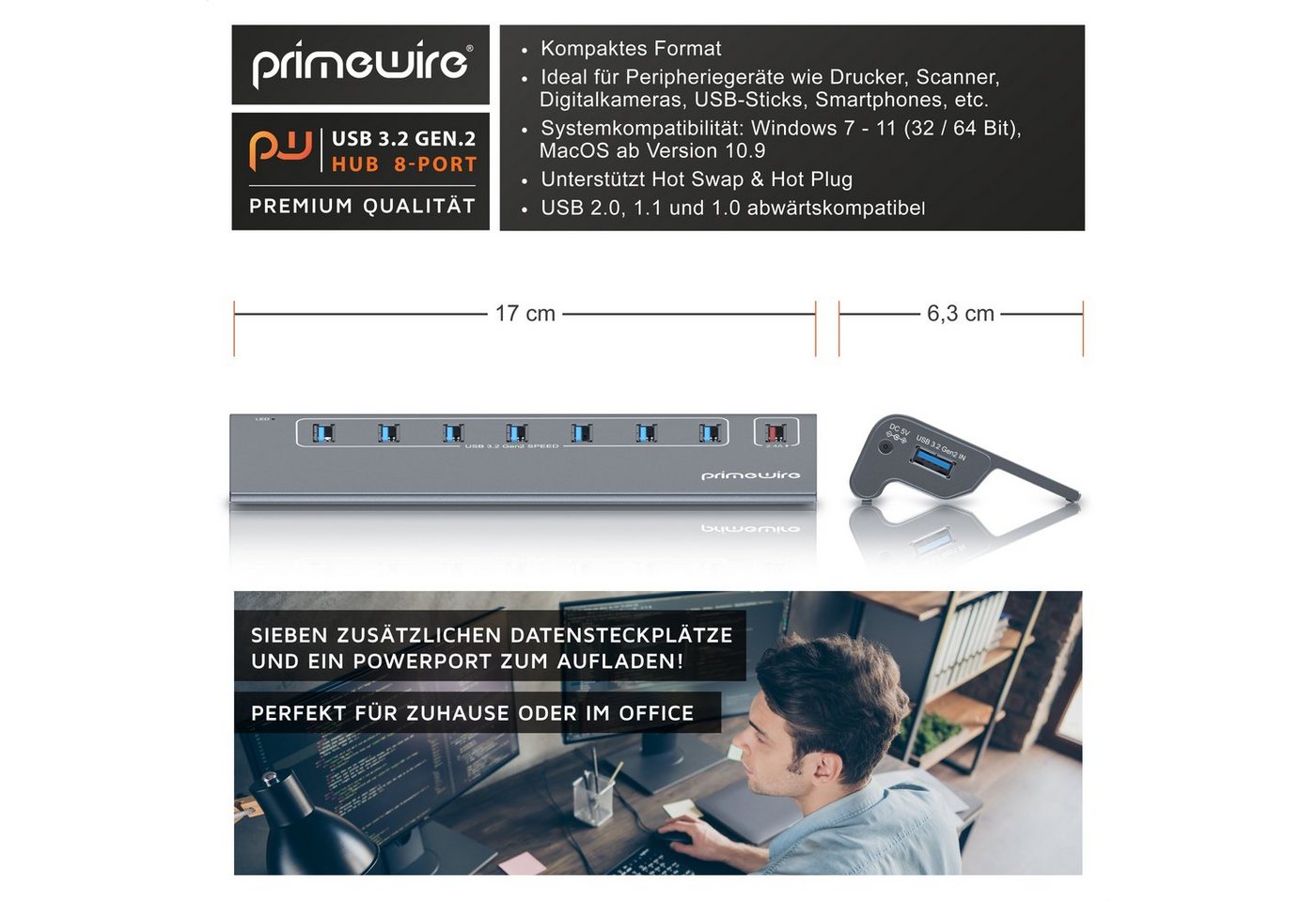Primewire 8 Port USB Port Hub, 5 Gbit/s Aktiv Verteiler mit Netzteil, Alugehäuse USB-Adapter 1× USB Typ A Stecker zu 8 x USB 3.2 Gen1 Buchse - davon 1x USB Lade – Bild 2 von 5
