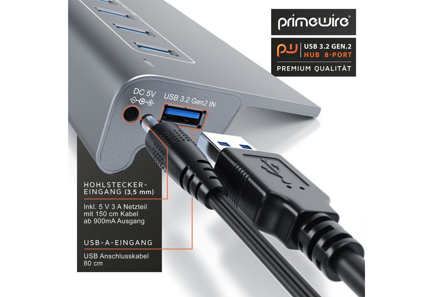 Primewire 8 Port USB Port Hub, 5 Gbit/s Aktiv Verteiler mit Netzteil, Alugehäuse USB-Adapter 1× USB Typ A Stecker zu 8 x USB 3.2 Gen1 Buchse - davon 1x USB Lade – Bild 4 von 5