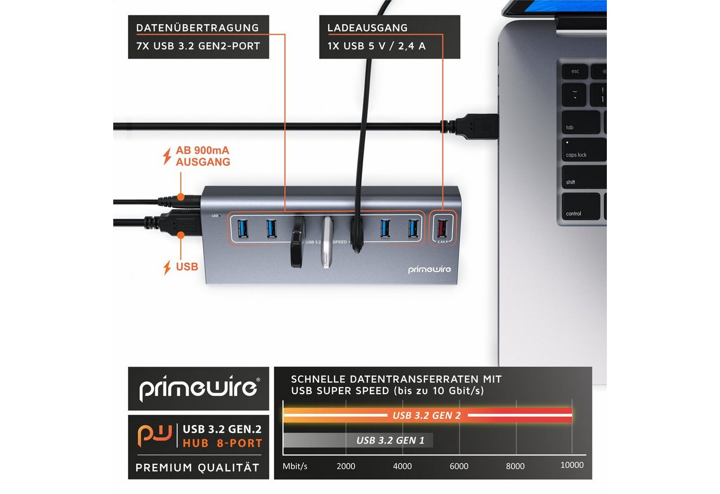 Primewire 8 Port USB Port Hub, 5 Gbit/s Aktiv Verteiler mit Netzteil, Alugehäuse USB-Adapter 1× USB Typ A Stecker zu 8 x USB 3.2 Gen1 Buchse - davon 1x USB Lade – Bild 5 von 5
