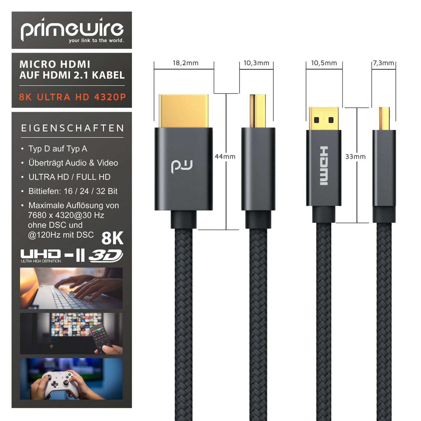 Primewire 8K HDMI auf microHDMI Adapterkabel 7680 x 4320 @ 120Hz mit DSC - 1,5m HDMI-Kabel, 2.1, HDMI Typ D (Micro), HDMI Typ A (150 cm), 3D, UHD II, HDR, ARC,  – Bild 2 von 5