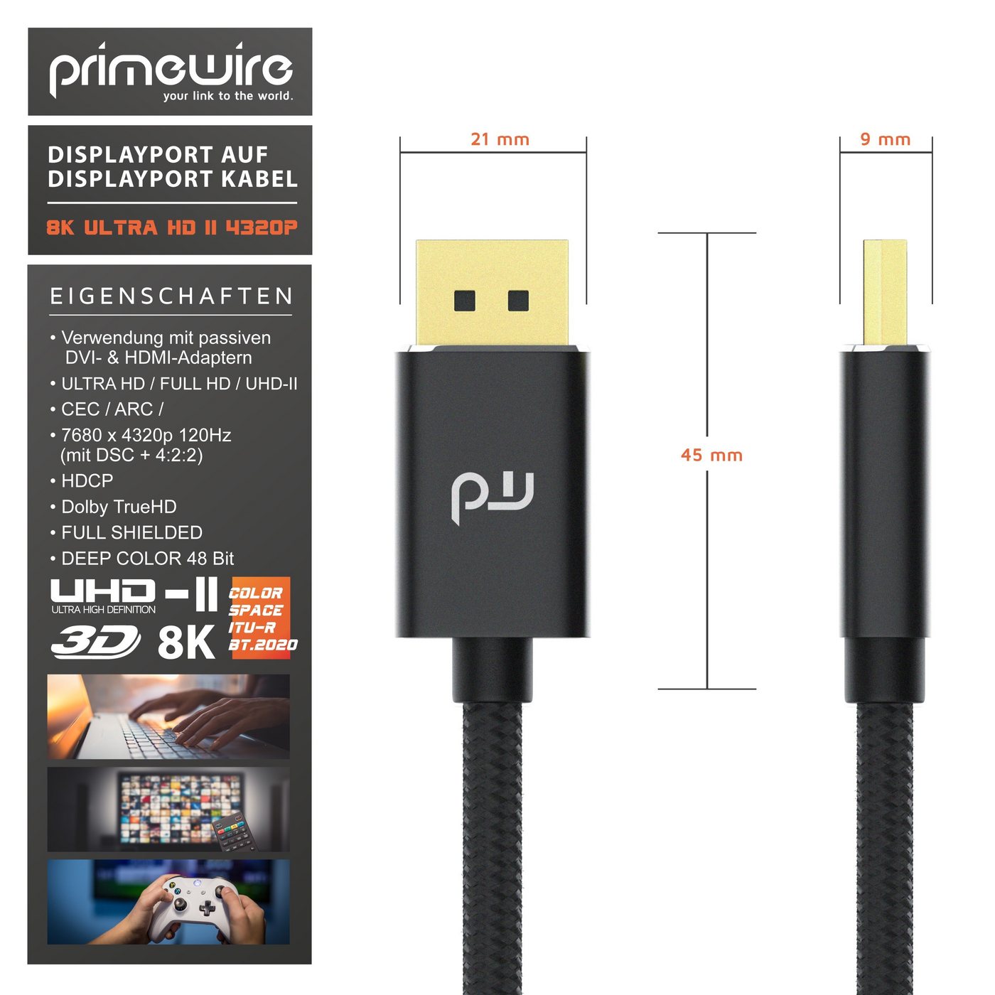 Primewire 8K Premium DP 1.4 Kabel, 8K 7680x4320 @ 60Hz, 4k @ 120Hz mit DSC - 1m Audio- & Video-Kabel, DisplayPort, DP 1.4 (100 cm), für Gaming-Monitor und PC, f – Bild 3 von 5