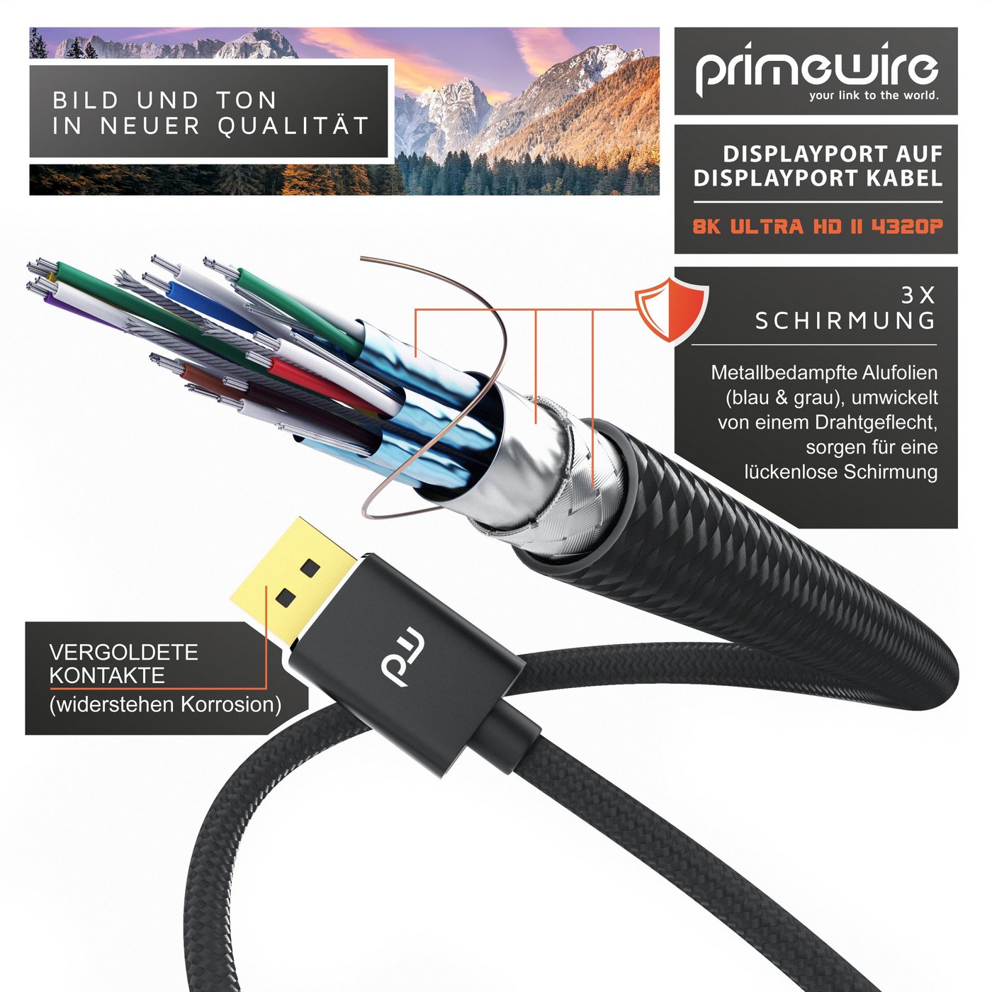 Primewire 8K Premium DP 1.4 Kabel, 8K 7680x4320 @ 60Hz, 4k @ 120Hz mit DSC - 1m Audio- & Video-Kabel, DisplayPort, DP 1.4 (100 cm), für Gaming-Monitor und PC, f – Bild 4 von 5