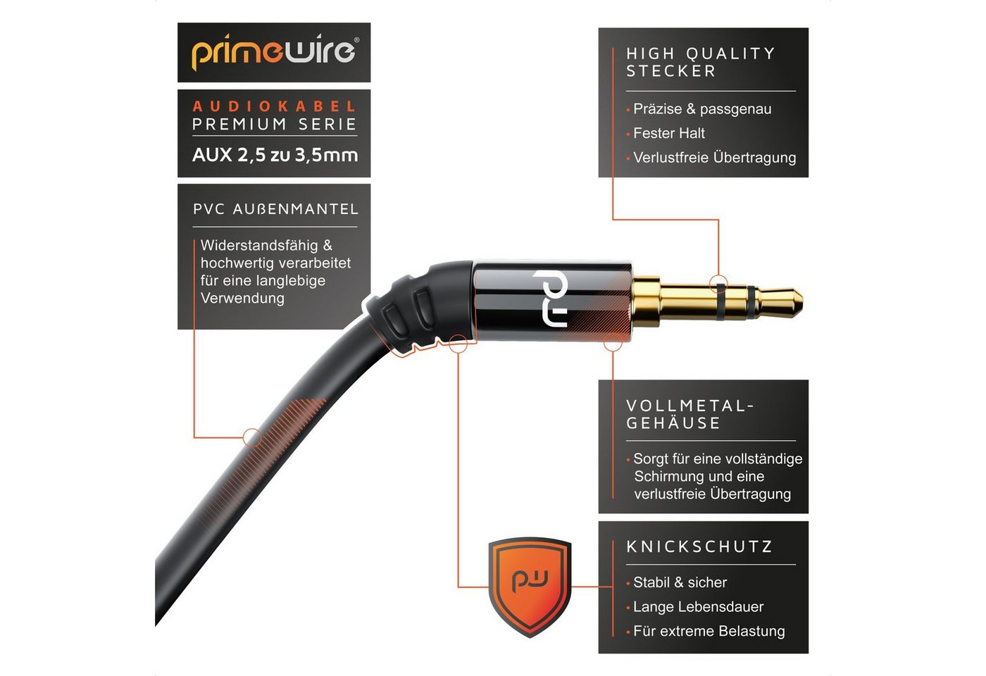 Primewire AUX Klinkenkabel 3,5 mm auf 2,5 mm, HiFi Verbindungskabel, 1,5 m Audio-Kabel, AUX, 3,5-mm-Klinke, 2,5-mm-Klinke (150 cm), HiFi Audio Adapter Klinkenka – Bild 2 von 5
