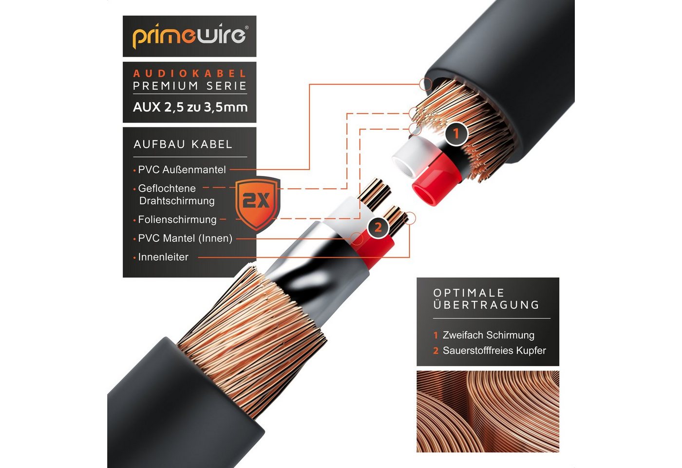 Primewire AUX Klinkenkabel 3,5 mm auf 2,5 mm, HiFi Verbindungskabel, 1,5 m Audio-Kabel, AUX, 3,5-mm-Klinke, 2,5-mm-Klinke (150 cm), HiFi Audio Adapter Klinkenka – Bild 4 von 5