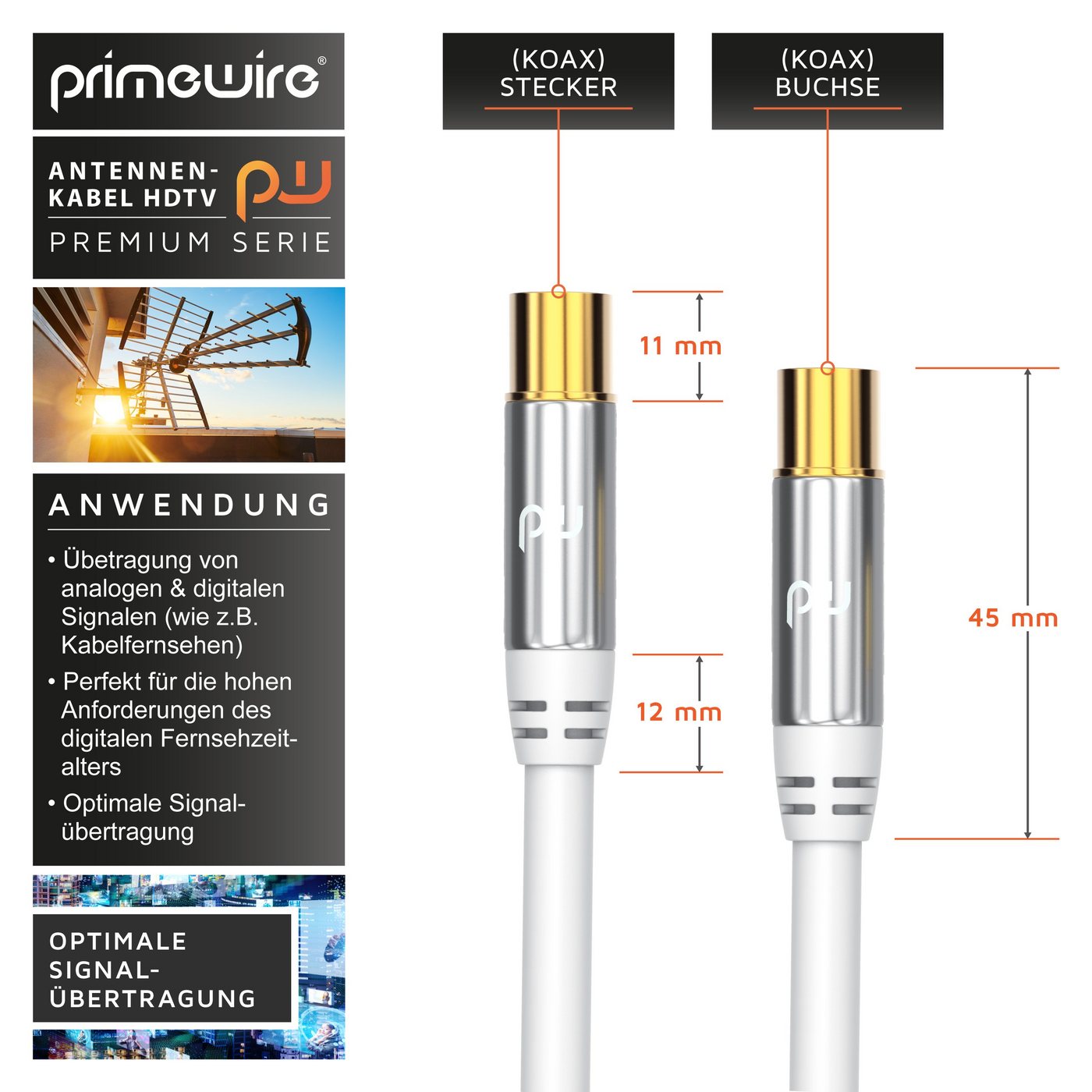 Primewire HDTV Antennenkabel, 4-fach Schirmung, 75 Ohm, 135dB - 10m TV-Kabel, Koax, RF, IEC (1000 cm), Koaxialkabel, vergoldete Stecker, für Kabelfernsehen und  – Bild 2 von 5