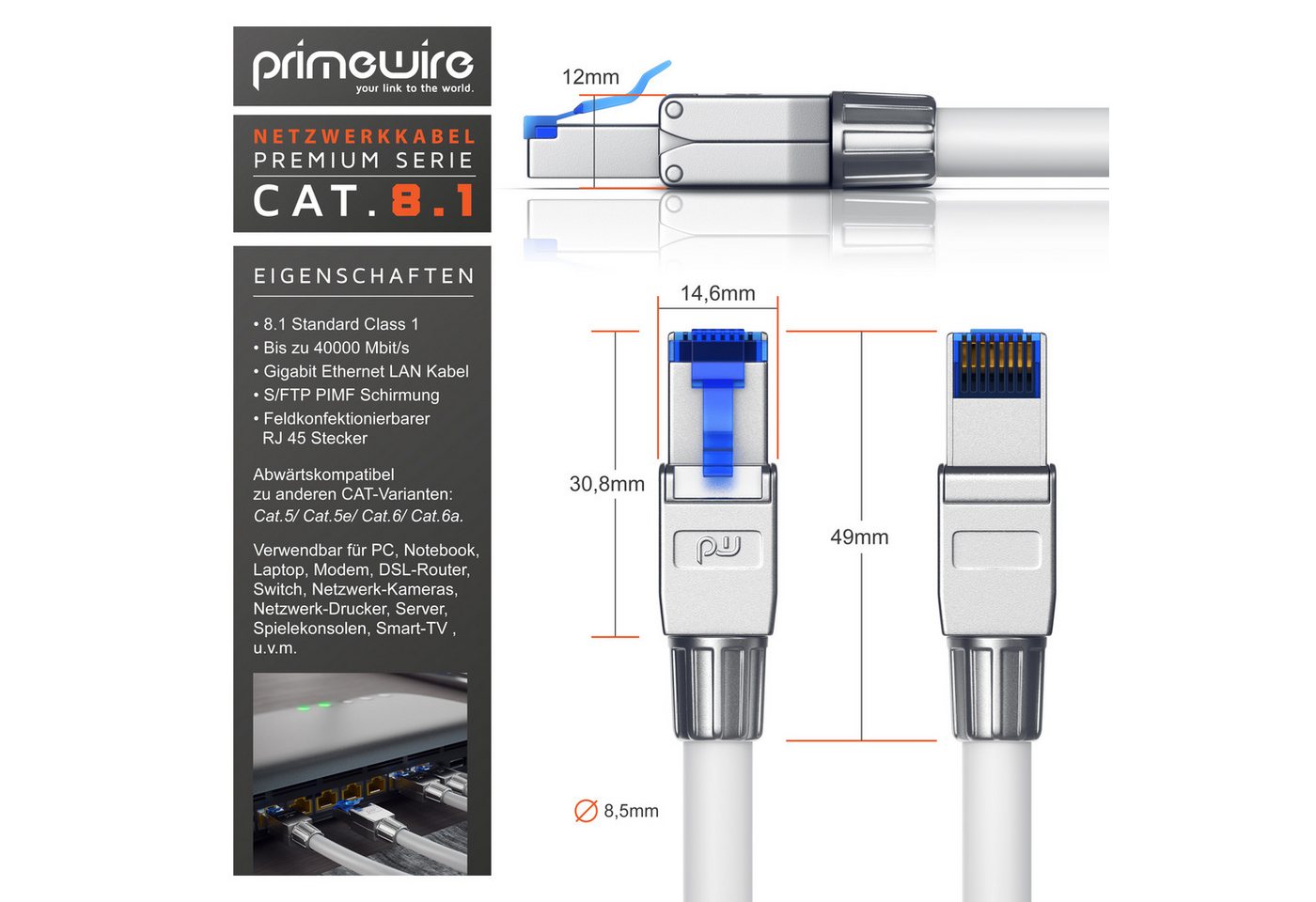 Primewire Netzwerkkabel CAT 8, Gigabit Ethernet 40 Gbit/s, S/FTP Patchkabel 3m LAN-Kabel, CAT.8, RJ-45 (Ethernet) (300 cm), für Router, Modem, Switch, PC, ideal – Bild 3 von 5