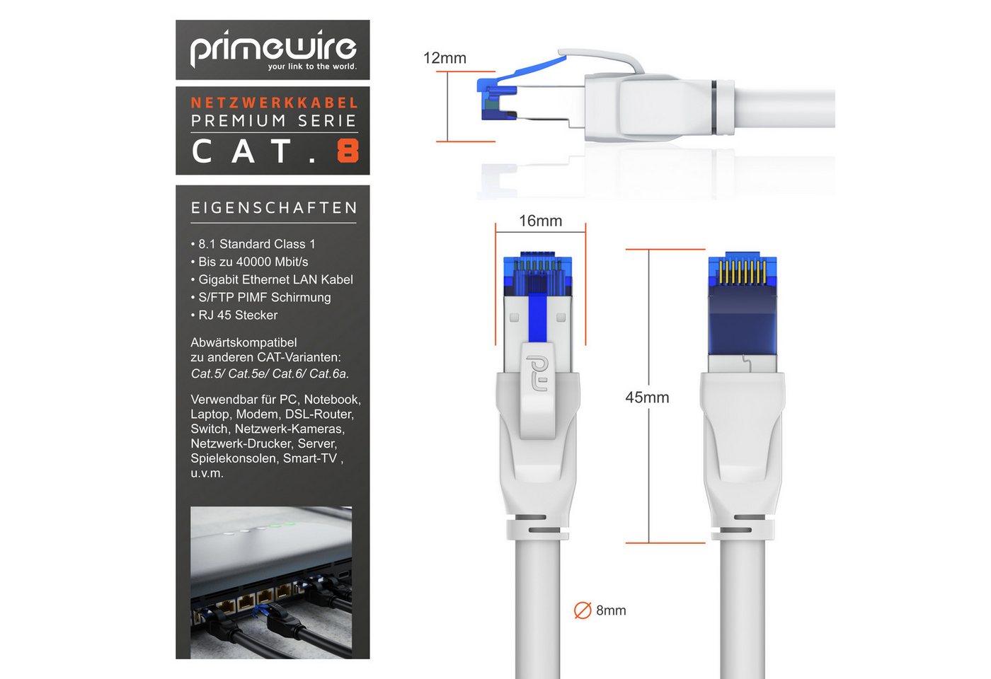 Primewire Patchkabel CAT 8 Gigabit Ethernet 40 Gbit/s S/FTP Netzwerkkabel - 2m LAN-Kabel, CAT.8, RJ-45 (Ethernet) (200 cm), für Router, Modem, Switch, PC, ideal – Bild 2 von 5
