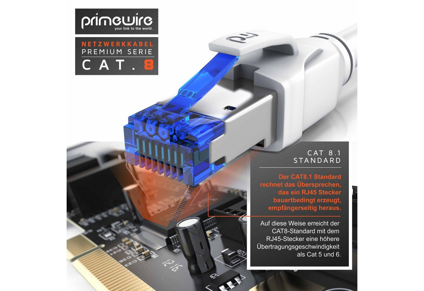 Primewire Patchkabel CAT 8 Gigabit Ethernet 40 Gbit/s S/FTP Netzwerkkabel - 2m LAN-Kabel, CAT.8, RJ-45 (Ethernet) (200 cm), für Router, Modem, Switch, PC, ideal – Bild 5 von 5