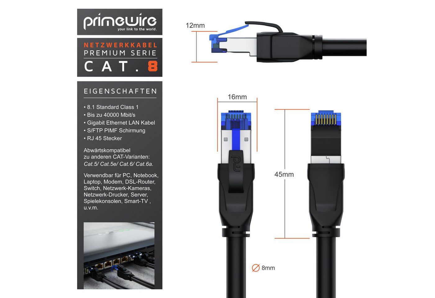 Primewire Patchkabel CAT 8 Gigabit Ethernet 40 Gbit/s S/FTP Netzwerkkabel - 20m LAN-Kabel, CAT.8, RJ-45 (Ethernet) (2000 cm), für Router, Modem, Switch, PC, ide – Bild 2 von 5