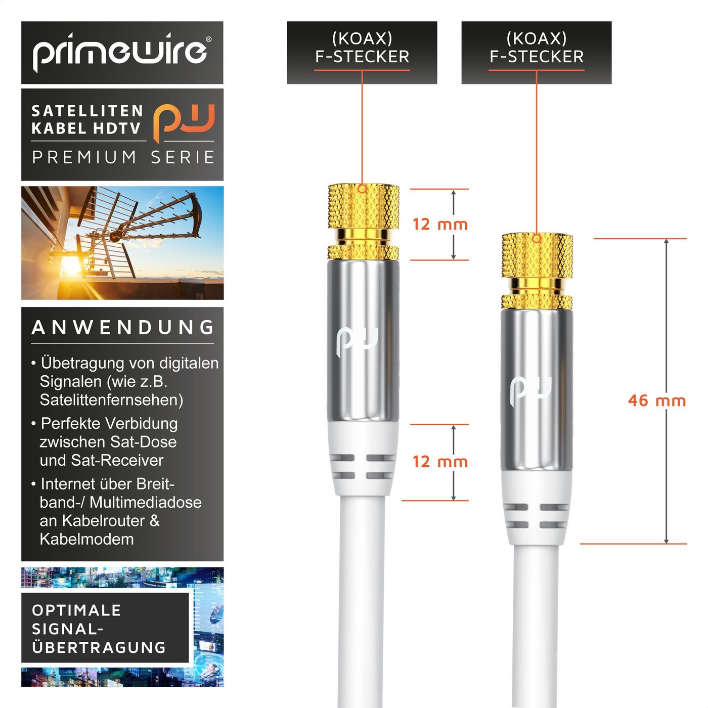 Primewire Premium HDTV SAT Koaxialkabel, 4fach Schirmung, 135dB, 75 Ohm - 15m SAT-Kabel, Koax, F-Verbinder (1500 cm), Antennenkabel für Sat-Schüssel, Receiver,  – Bild 2 von 5