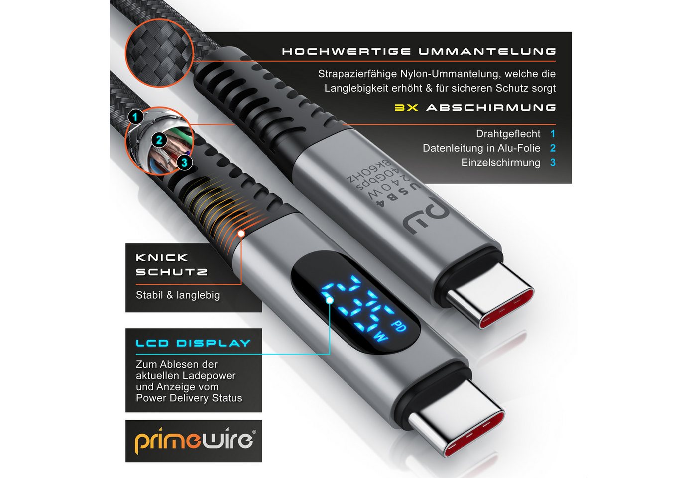 Primewire Thunderbolt 3 Kabel, USB 4 Typ C USB-Kabel, USB-C, (100 cm), Gen 3x2-100 Watt Ladekabel / Datenkabel 40 Gbit/s mit Display, 1m – Bild 3 von 5