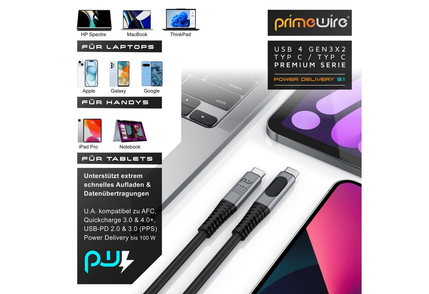 Primewire Thunderbolt 3 Kabel, USB 4 Typ C USB-Kabel, USB-C, (100 cm), Gen 3x2-100 Watt Ladekabel / Datenkabel 40 Gbit/s mit Display, 1m – Bild 4 von 5