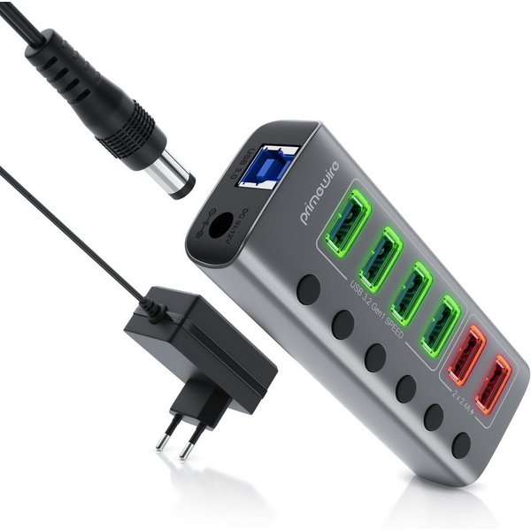 Primewire USB 3.2 Hub 6-Port aktiv mit Netzteil USB-Adapter USB-A zu USB-A, 120 cm, USB 3.2 Gen1 Hub, 6 Port Verteiler aktiv mit Netzteil, 5 Gbit/s