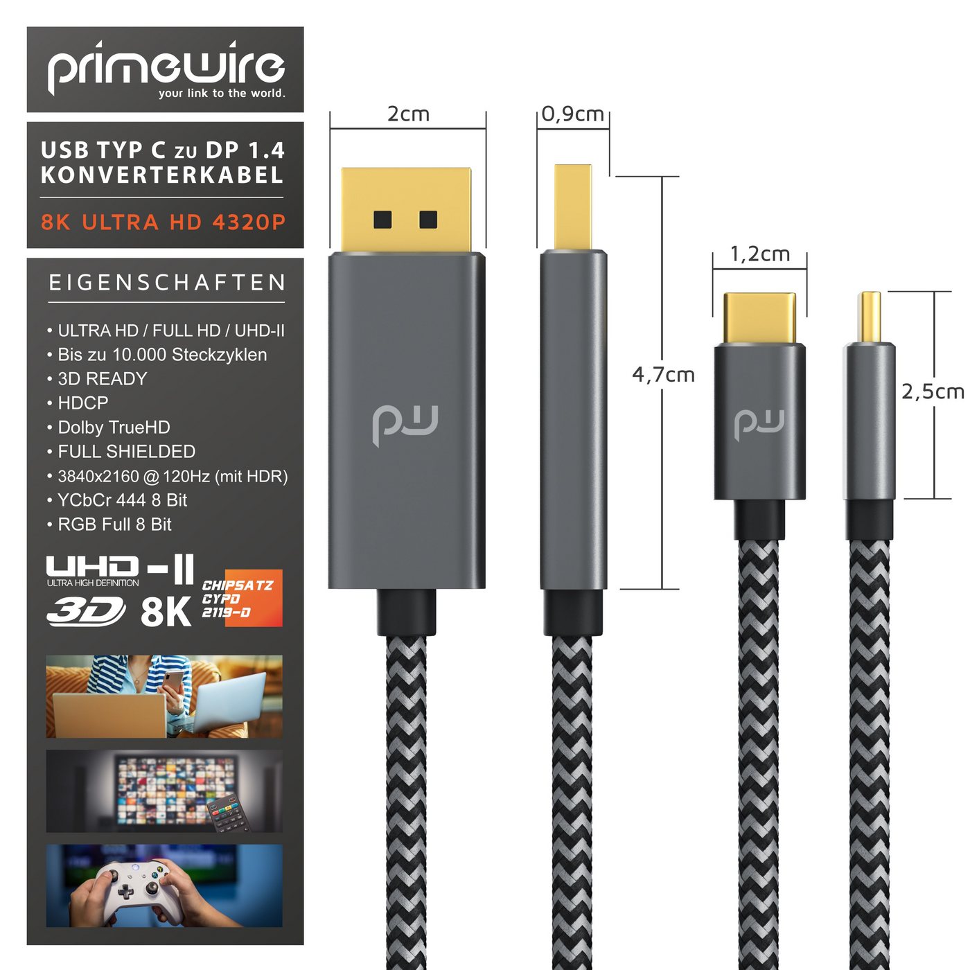 Primewire USB Typ C zu DP Konverterkabel Adapterkabel 8K 7680 × 4320 @30 Hz - 2m Audio- & Video-Kabel, DisplayPort, USB-C (200 cm), für MacBook, Notebook, Smart – Bild 2 von 5