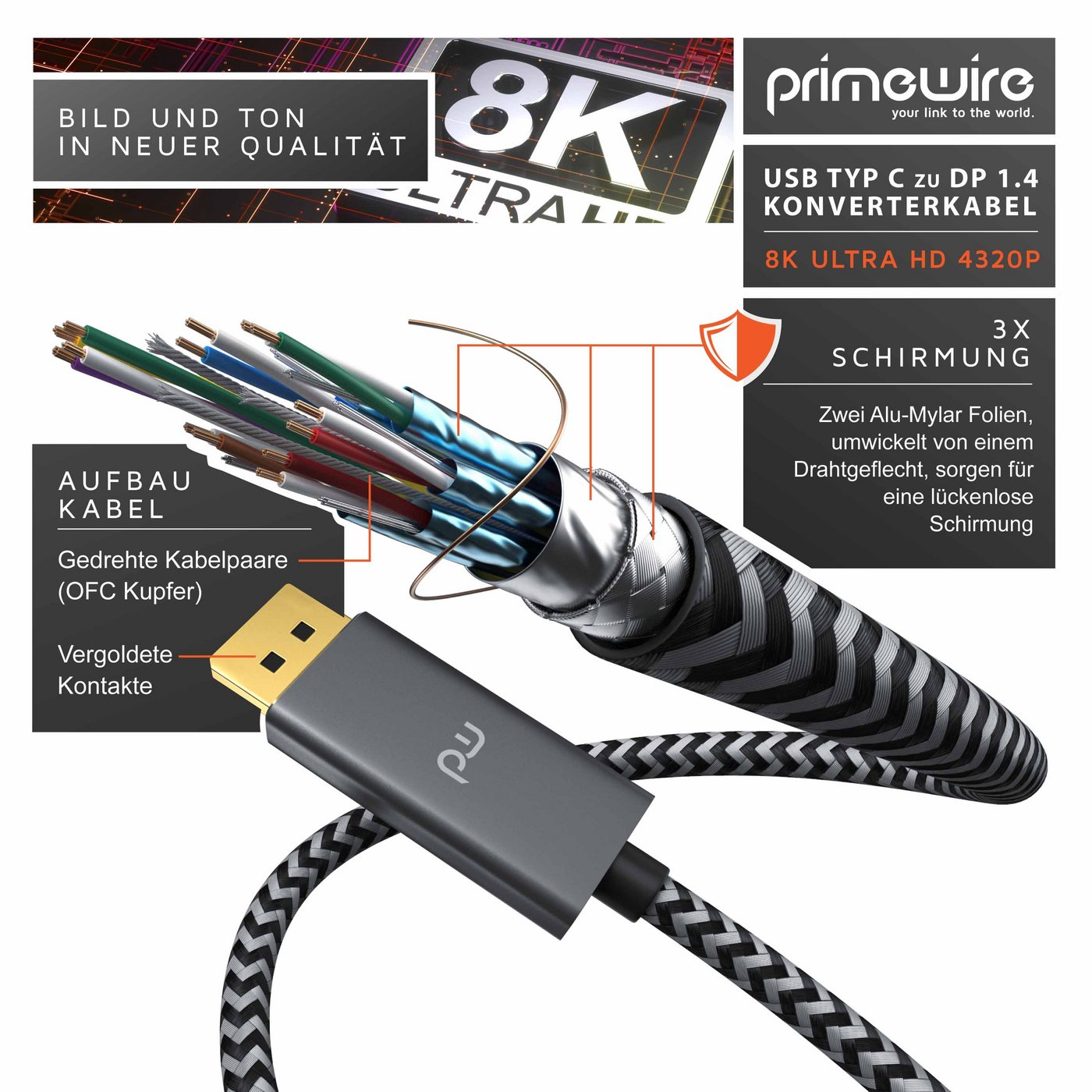 Primewire USB Typ C zu DP Konverterkabel Adapterkabel 8K 7680 × 4320 @30 Hz - 2m Audio- & Video-Kabel, DisplayPort, USB-C (200 cm), für MacBook, Notebook, Smart – Bild 3 von 5
