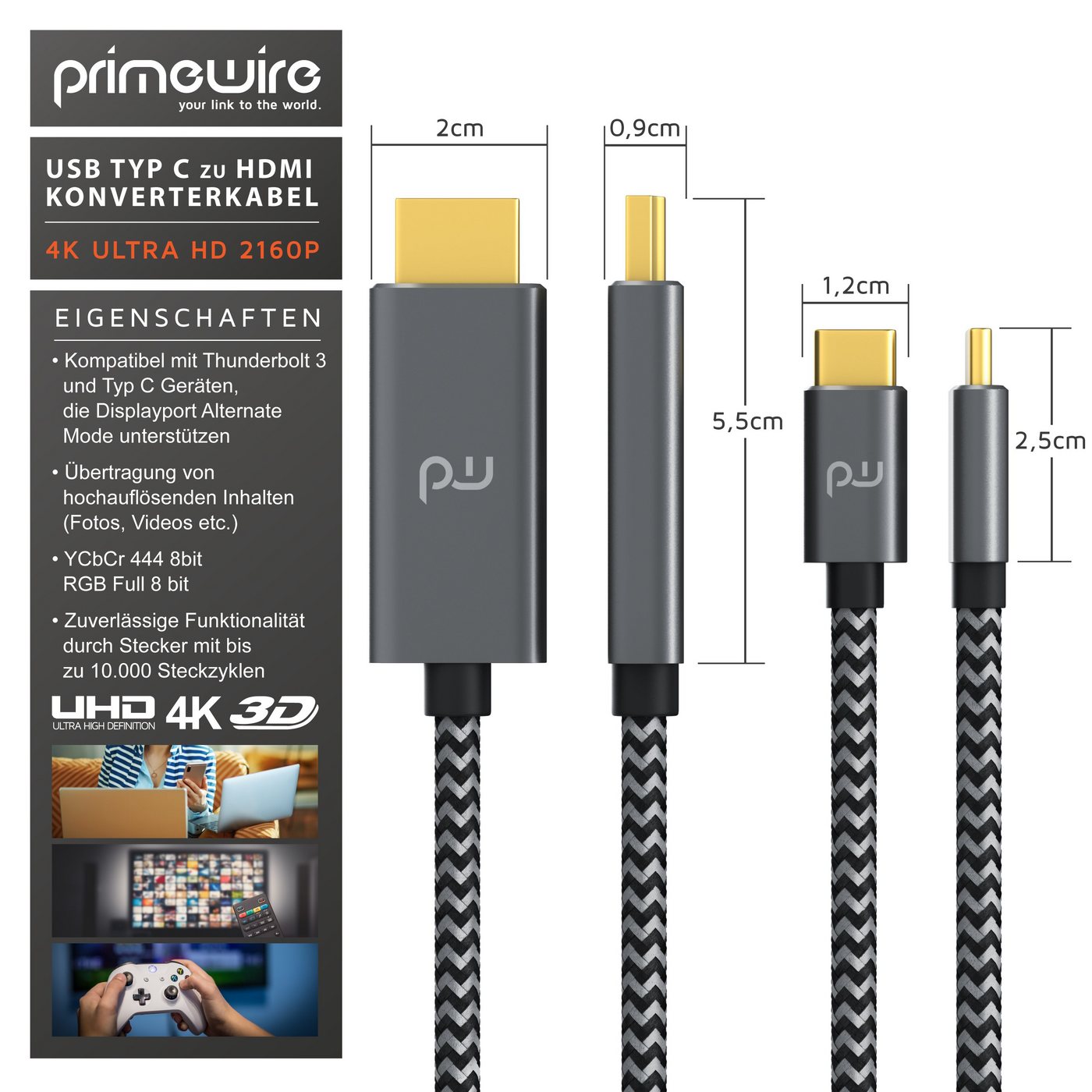 Primewire USB Typ C zu HDMI Konverterkabel Adapterkabel 4K 3840 x 2160 @60Hz, 5m Audio- & Video-Kabel, USB-C, HDMI Typ A (500 cm), für MacBook, Notebook, Smartp – Bild 2 von 5