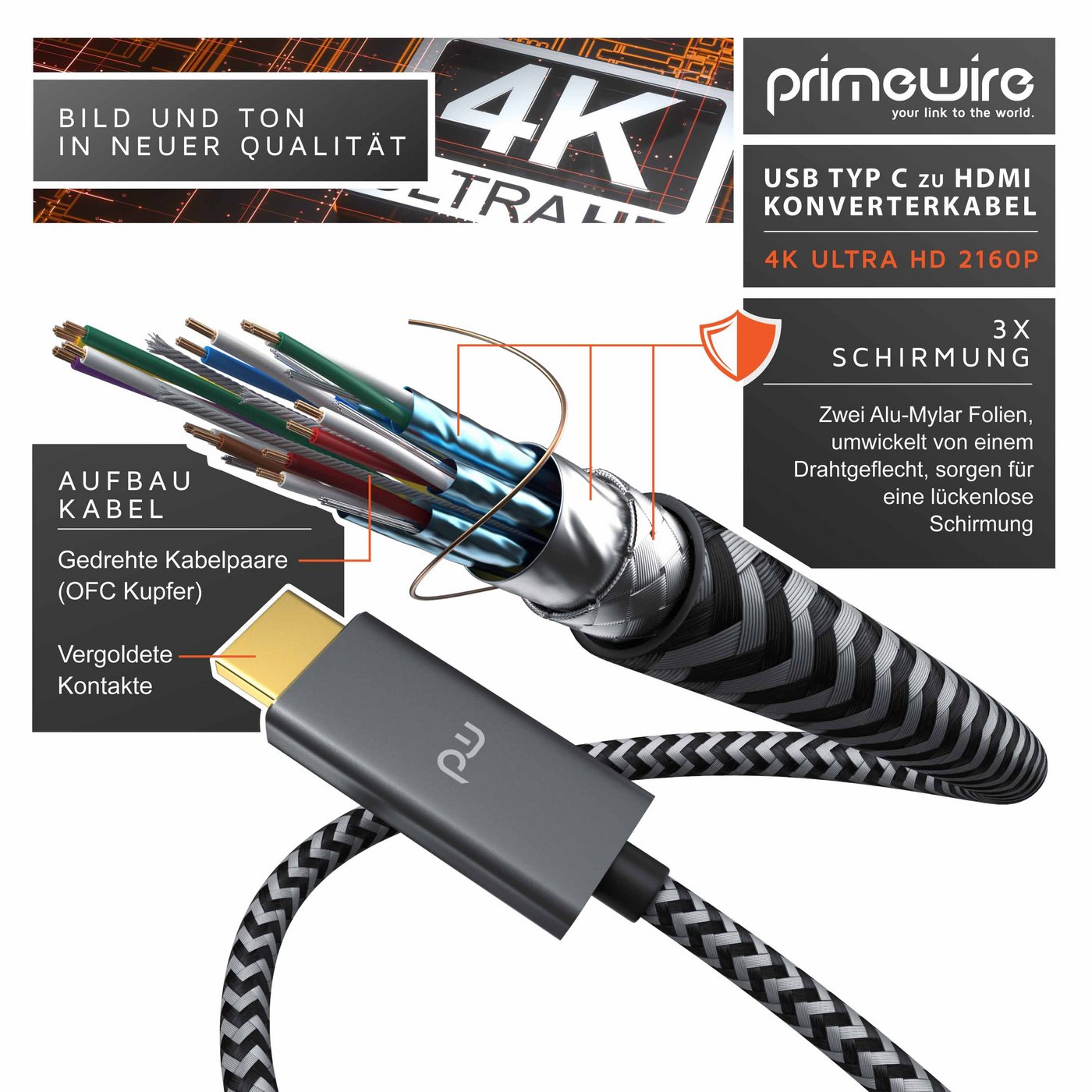 Primewire USB Typ C zu HDMI Konverterkabel Adapterkabel 4K 3840 x 2160 @60Hz, 5m Audio- & Video-Kabel, USB-C, HDMI Typ A (500 cm), für MacBook, Notebook, Smartp – Bild 3 von 5