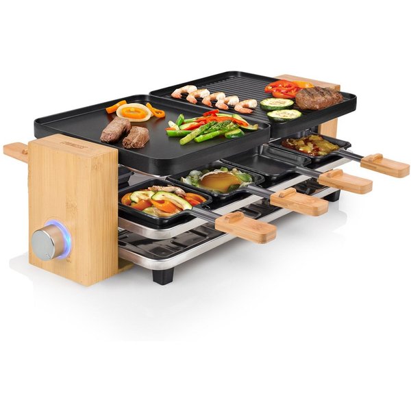 PRINCESS Raclette, 8 Raclettepfännchen, 1300 W, Tischgrill Holz Design 2-8 Personen Parkdeck für benutzte Pfännchen