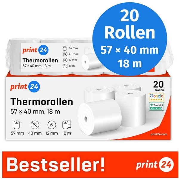 print24 Endlospapier Thermorollen, 57 x 40 x 12mm, 18m, PEFC, Für EPSON, IBM, u.v.m., PEFC-Zertifikat (GFA-PEFC-COC-500582)