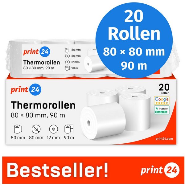 print24 Endlospapier Thermorollen, 80 x 80 x 12mm, 90m, PEFC, Für EPSON, IBM, u.v.m., PEFC-Zertifikat (GFA-PEFC-COC-500582)