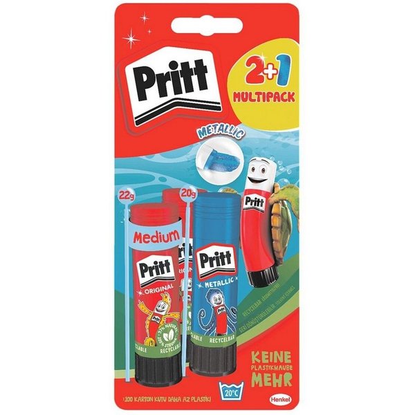 PRITT Klebestift Stick - Orginal + Stick Metallic, (3-tlg), 3er Set Klebestift, 2x 22 g & 1x 20 g, mit Verschlusskappe