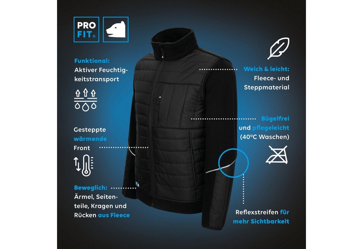 PRO FIT Arbeitsjacke aus Fleece, Funktionale Hybrid Fleecejacke, Unisex, Schwarz (1, Stück) Wärmende Steppfront, Aktiver Feuchtigkeitstransport – Bild 2 von 5