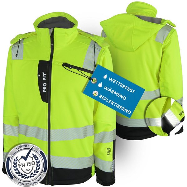 PRO FIT Arbeitsjacke Winter Warnschutz-Softshelljacke - Neongelb/Schwarz, Wasserabweisend, Winddicht, Abnehmbare Kapuze, Atmungsaktiv, Reflektor