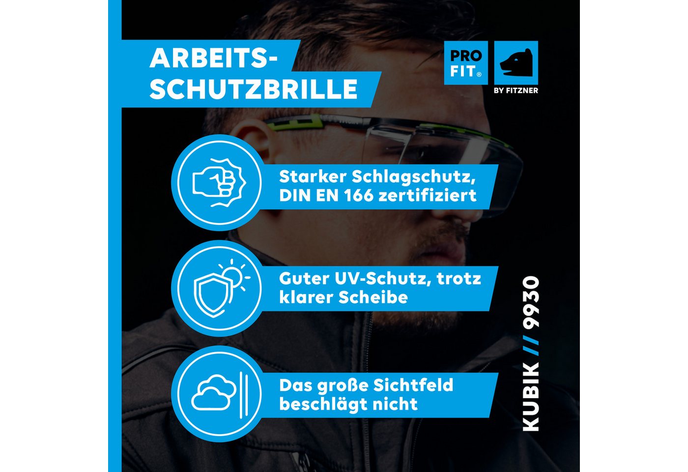 PRO FIT Arbeitsschutzbrille mit großer & klarer Scheibe, für Brillenträger - Schwarz/Grün, Kratzfest & Beschlagfrei, UV-Schutz – Bild 2 von 5