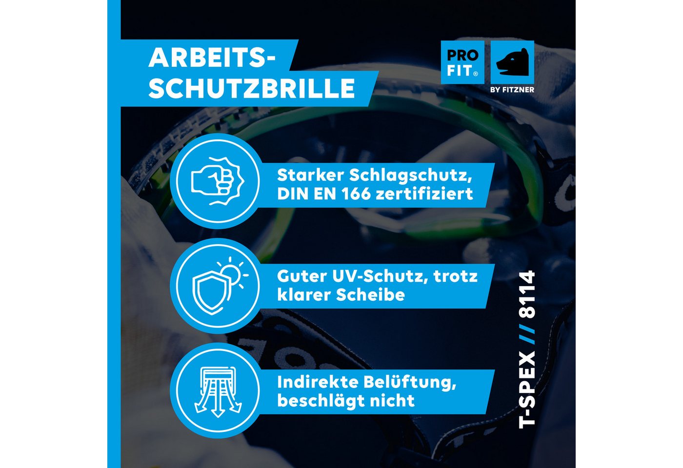 PRO FIT Arbeitsschutzbrille T-Spex, klare Vollsichtbrille, Beschlagfreie Panoramaschutzbrille, (1, Stück), für Brillenträger, mit UV-Schutz & Ventilation – Bild 2 von 5