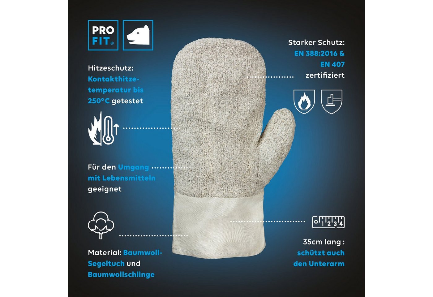 PRO FIT Hitzeschutzhandschuhe, Hitzebeständiger Fausthandschuh, Ofenhandschuhe, Bäckerhandschuhe (1, Paar) bis 250°, mit Segeltuch-Stulpe, Natur – Bild 2 von 5