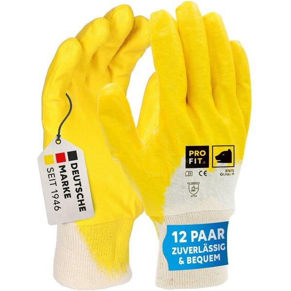 PRO FIT Nitril-Handschuhe Arbeitshandschuhe, Gartenhandschuh ¾ beschichtet, Mechaniker-Handschuh (12, Paar) Wasserdichte Handinnenfläche