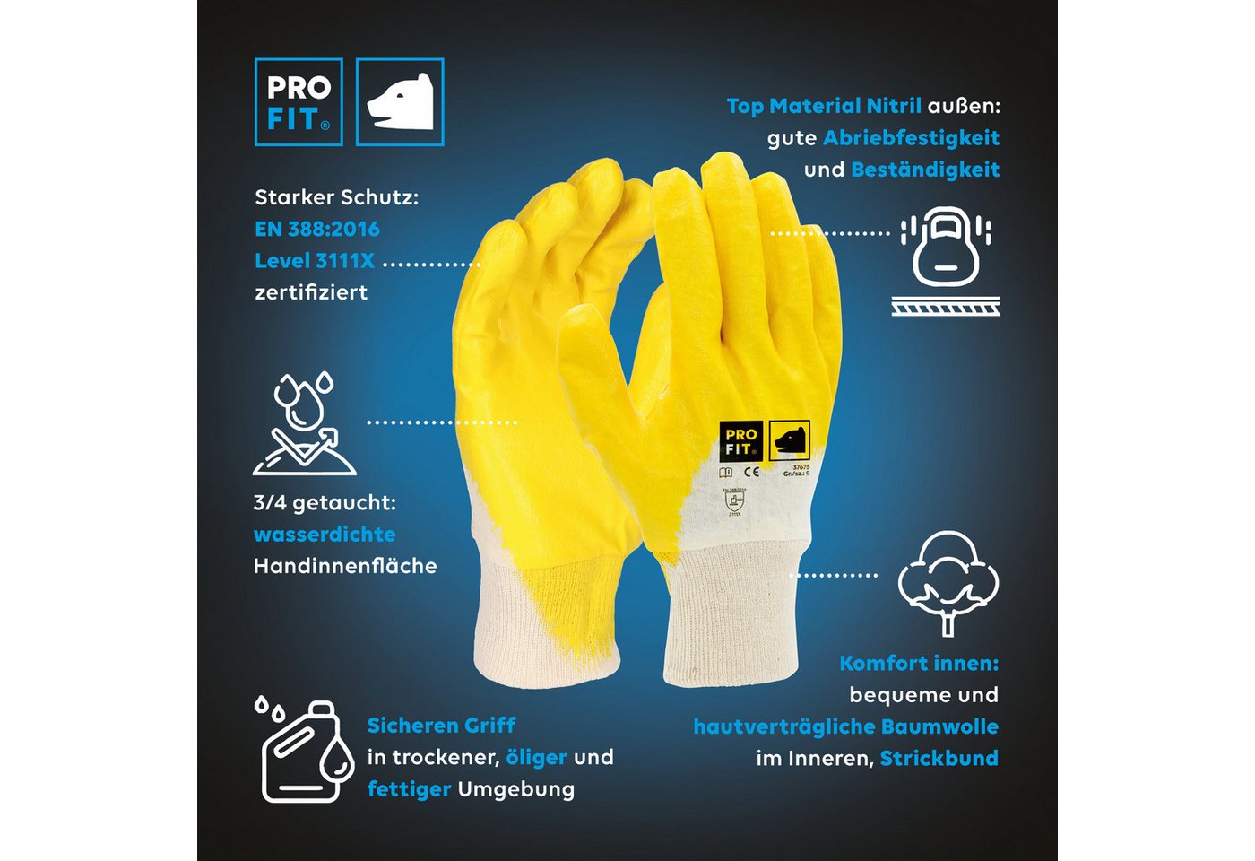 PRO FIT Nitril-Handschuhe Arbeitshandschuhe, Gartenhandschuh ¾ beschichtet, Mechaniker-Handschuh (12, Paar) Wasserdichte Handinnenfläche – Bild 2 von 5