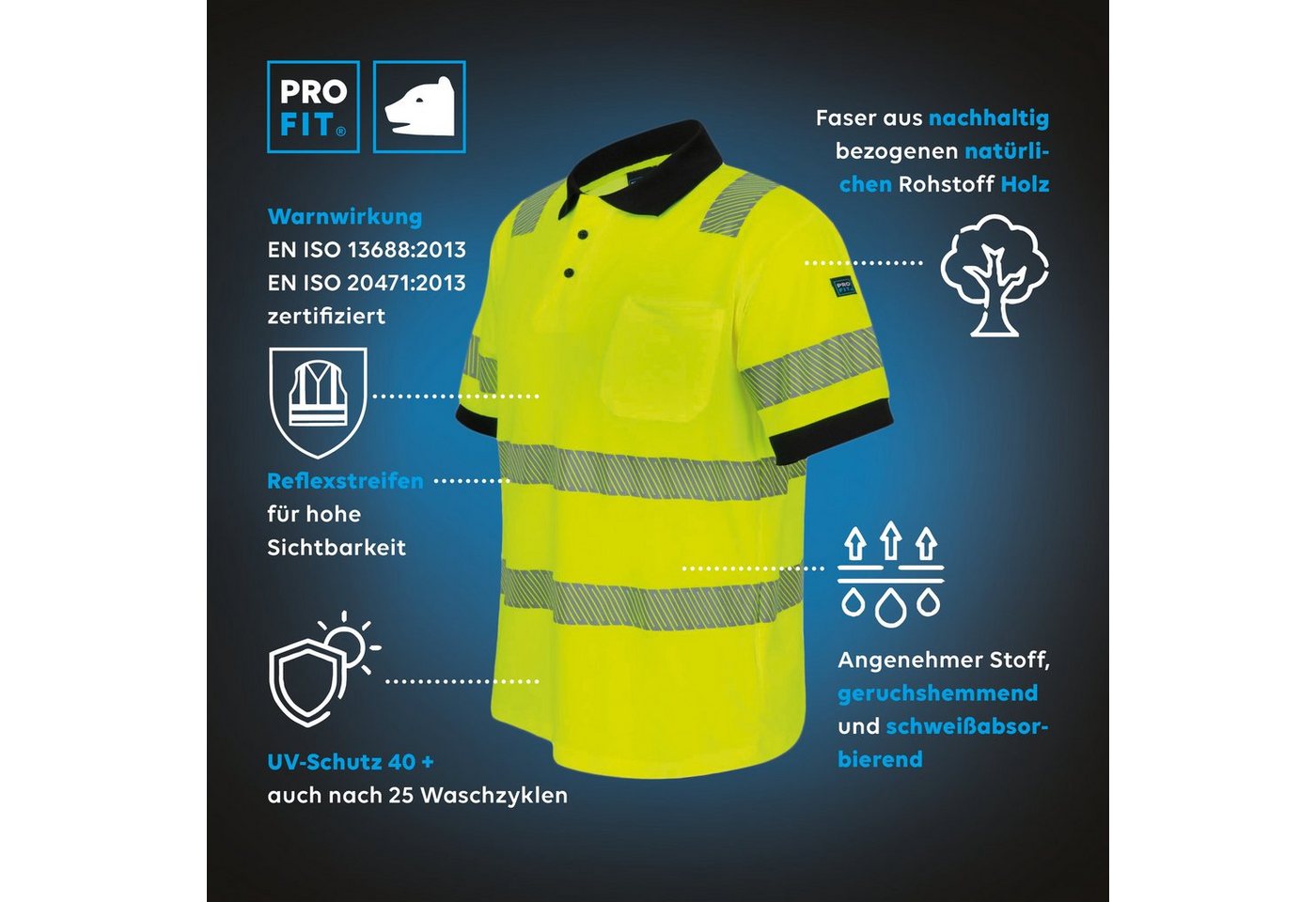 PRO FIT Poloshirt Warnschutz, Kurzarm-Polo Shirt, Arbeits-Poloshirt - Neongelb (1, Stück) Atmungsaktiv, hohe Sichtbarkeit durch Reflexstreifen, mit UV-Schutz – Bild 2 von 5