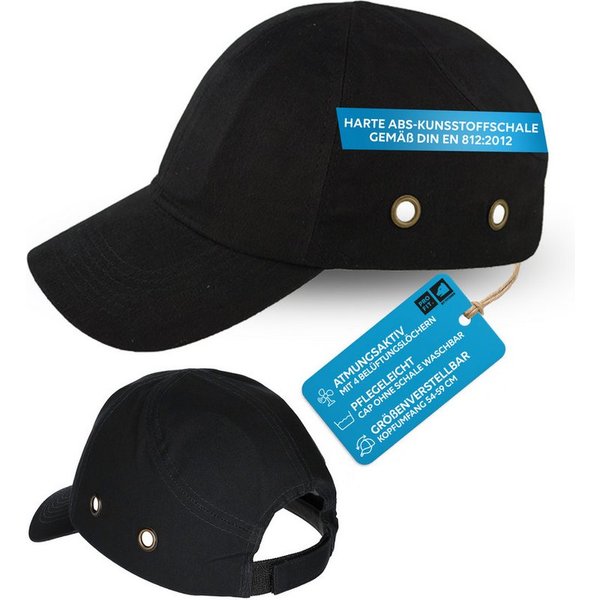 PRO FIT Sicherheitshelm, Baseballcap, Anstoßkappe in Baseballmützen Style, Uni Cap mit Schirm (1, Stück), aus waschbarer Baumwolle, mit Belüftungslöchern - Schw